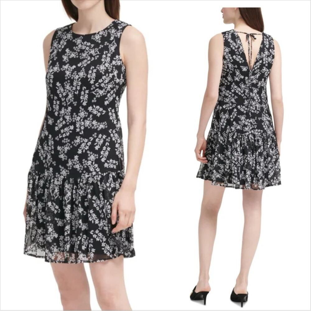 Calvin Klein Black Floral Zippered Ruffled Chiffon Floral Sleeveless Dress 12